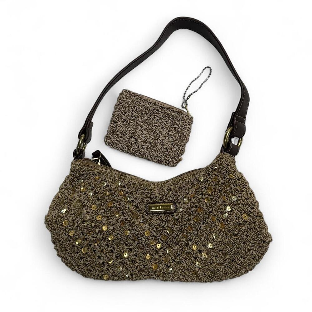 Sequin Crochet Beaded Brown Tan shoulder hobo Handbag matching coin purse small